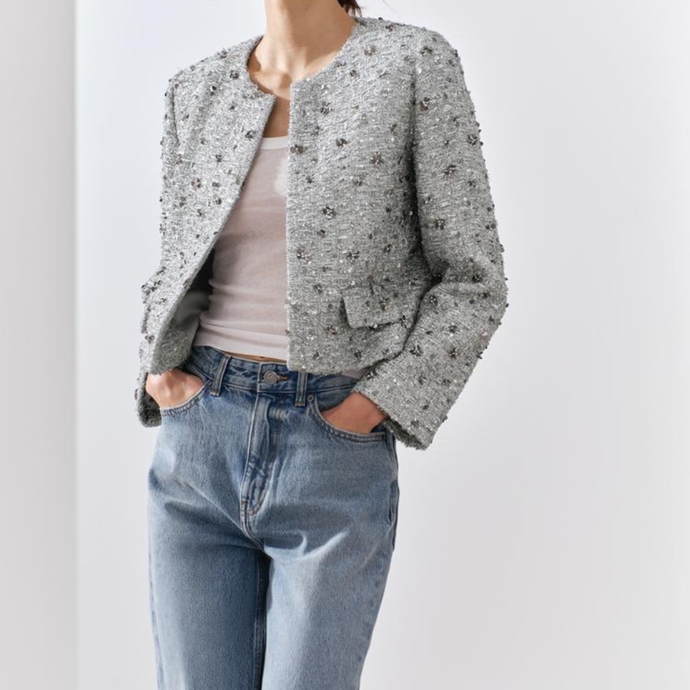 ZARA CROPPED SILVER SEQUIN JACKET ZW COLLECTION SS24 sz M BNWT